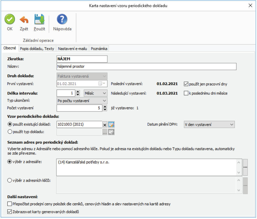 Takto vyzerá nastavenie vzoru periodickej faktúry.